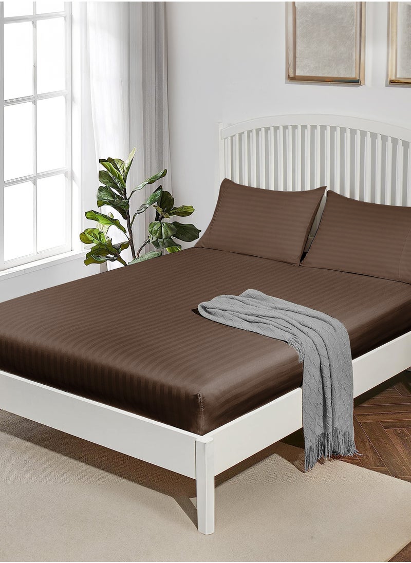 American Linen Double Striped Fitted Sheet with 2 Pillow Case 160 x 200 Cm Coffee Brown  - Image 1