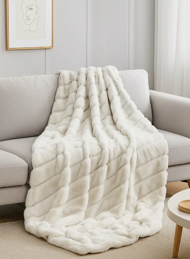 Ultra-Soft Faux Rabbit Fur Throw Blanket – Striped Lightweight Plush for Sofa, Bed & Home Décor – Gift-Ready Accent Throw  - Image 1