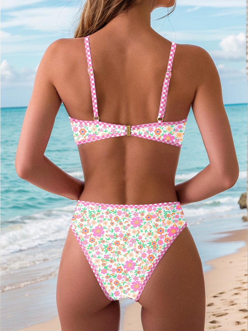 Tainehs Women's Two Piece Bikini Sets O Ring Front Top Ditsy Floral Triangle Swimsuits Cheeky Bathing Suit - Image 3