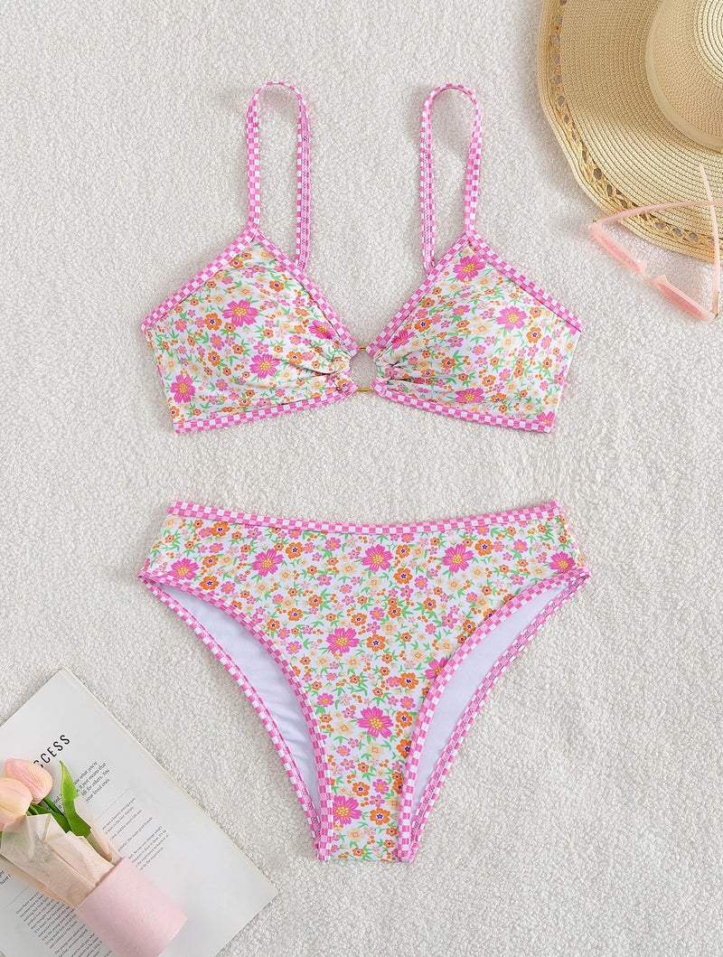 Tainehs Women's Two Piece Bikini Sets O Ring Front Top Ditsy Floral Triangle Swimsuits Cheeky Bathing Suit - Image 4