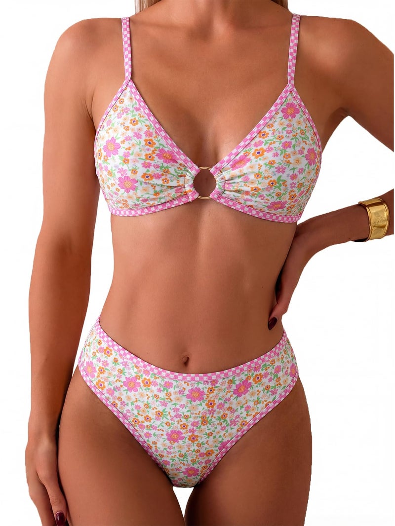 Tainehs Women's Two Piece Bikini Sets O Ring Front Top Ditsy Floral Triangle Swimsuits Cheeky Bathing Suit - Image 1