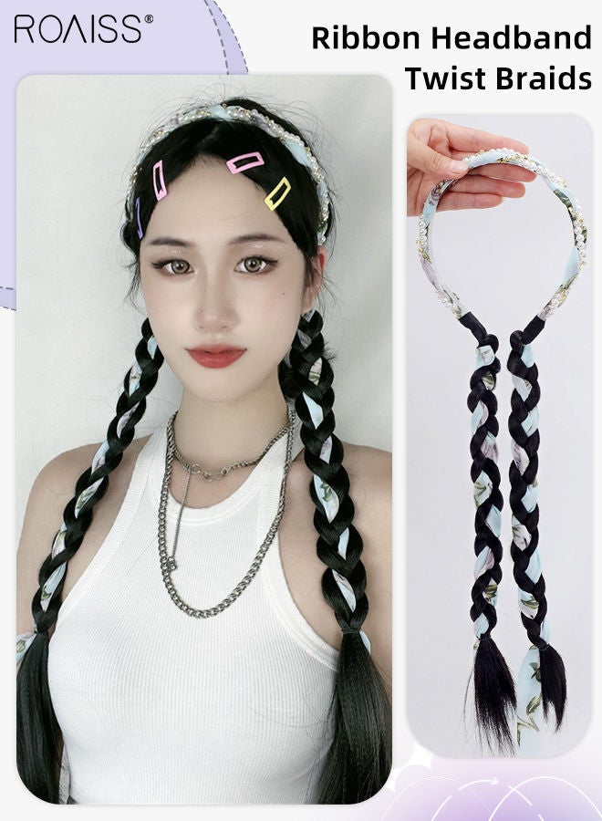 roaiss Double Braid Headband, Pearl Wrapped Head Band, Natural and Smooth Braided Wig, Suitable for Girls Women Party Daily Wear,Natural Black,50CM - Image 1