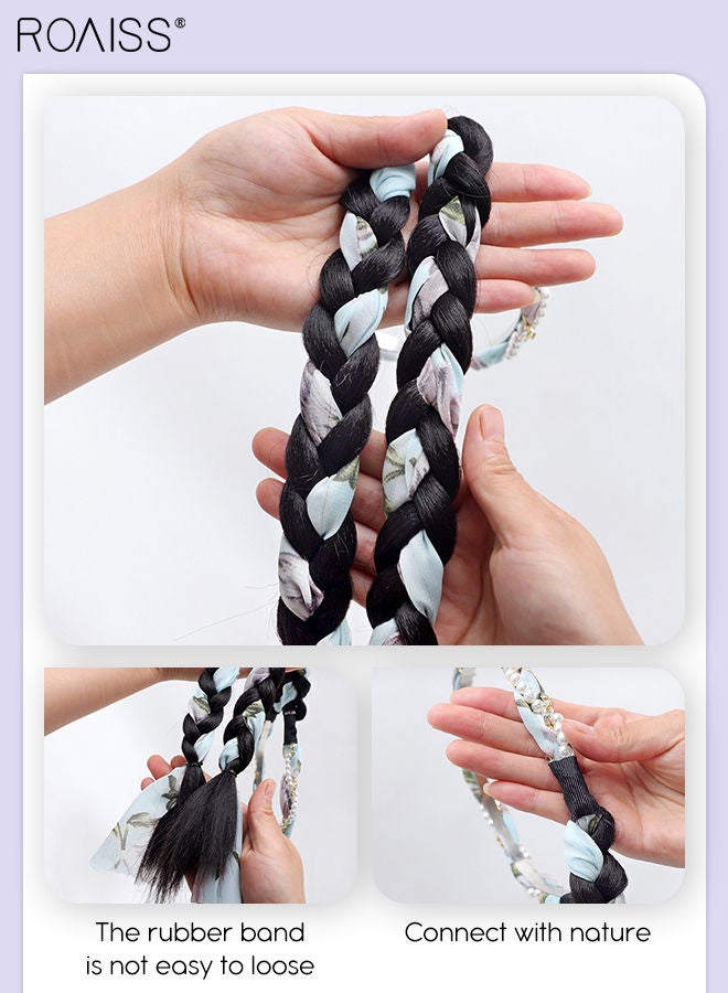 roaiss Double Braid Headband, Pearl Wrapped Head Band, Natural and Smooth Braided Wig, Suitable for Girls Women Party Daily Wear,Natural Black,50CM - Image 4
