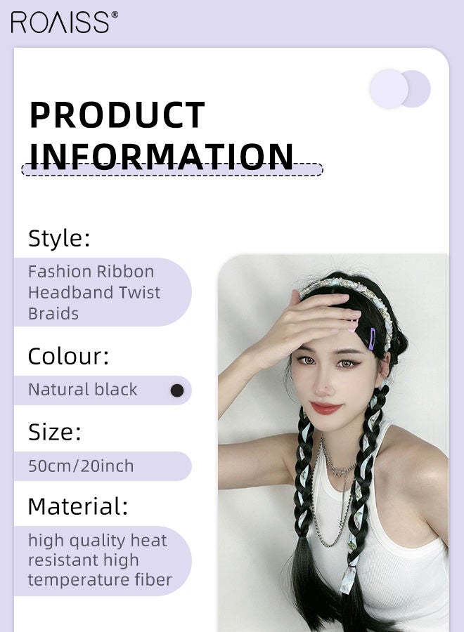 roaiss Double Braid Headband, Pearl Wrapped Head Band, Natural and Smooth Braided Wig, Suitable for Girls Women Party Daily Wear,Natural Black,50CM - Image 2