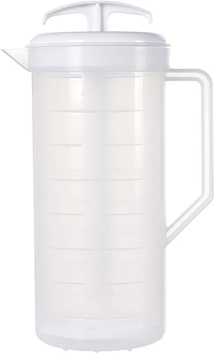 JBK Pottery 2Quart White Mixing Pitcher with Plunger  BPAFree Plastic Mixing Jug for Juice Milk Tea Shakes and More  DishwasherSafe SpillProof Lid Smart Stirring Design