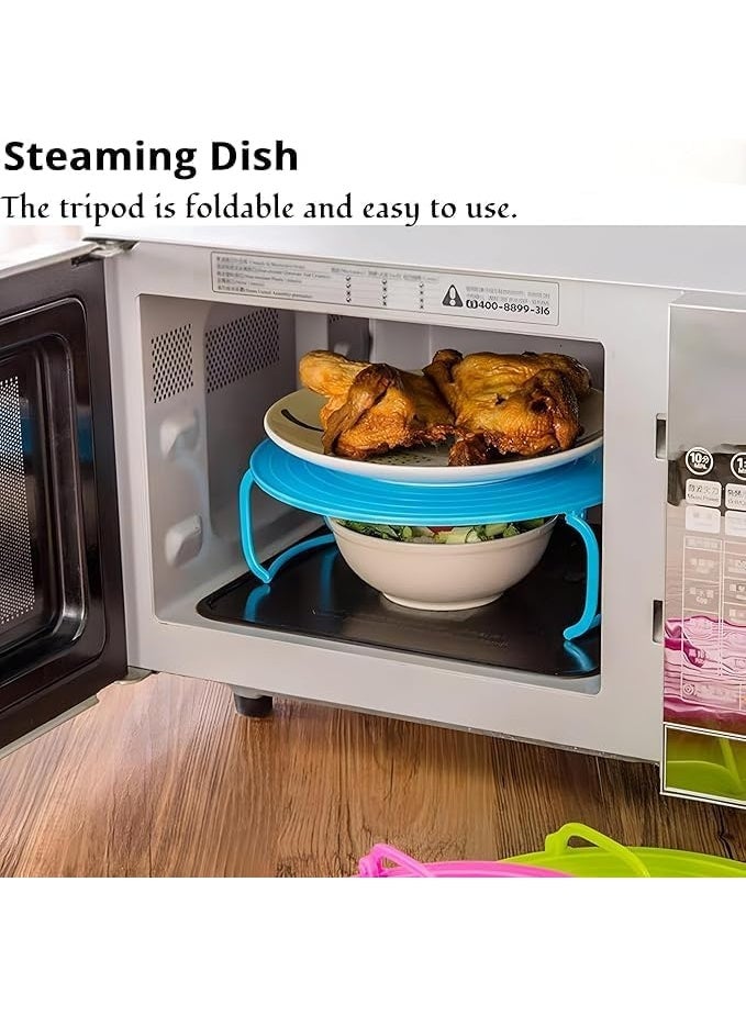 Microwave Steaming Rack Stand, 4-in-1 Multipurpose Tray with Splatter Guard and Handles, Blue - Image 2