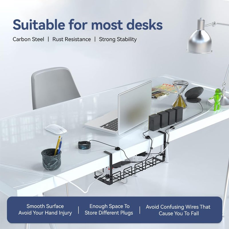 OFIFO ® No Drill Under Desk Cable Management Tray, Space-Saving Rack, Sturdy Metal Wire Organizer Basket for Office and Home Standing Desk, 40x13x15cm - Image 2