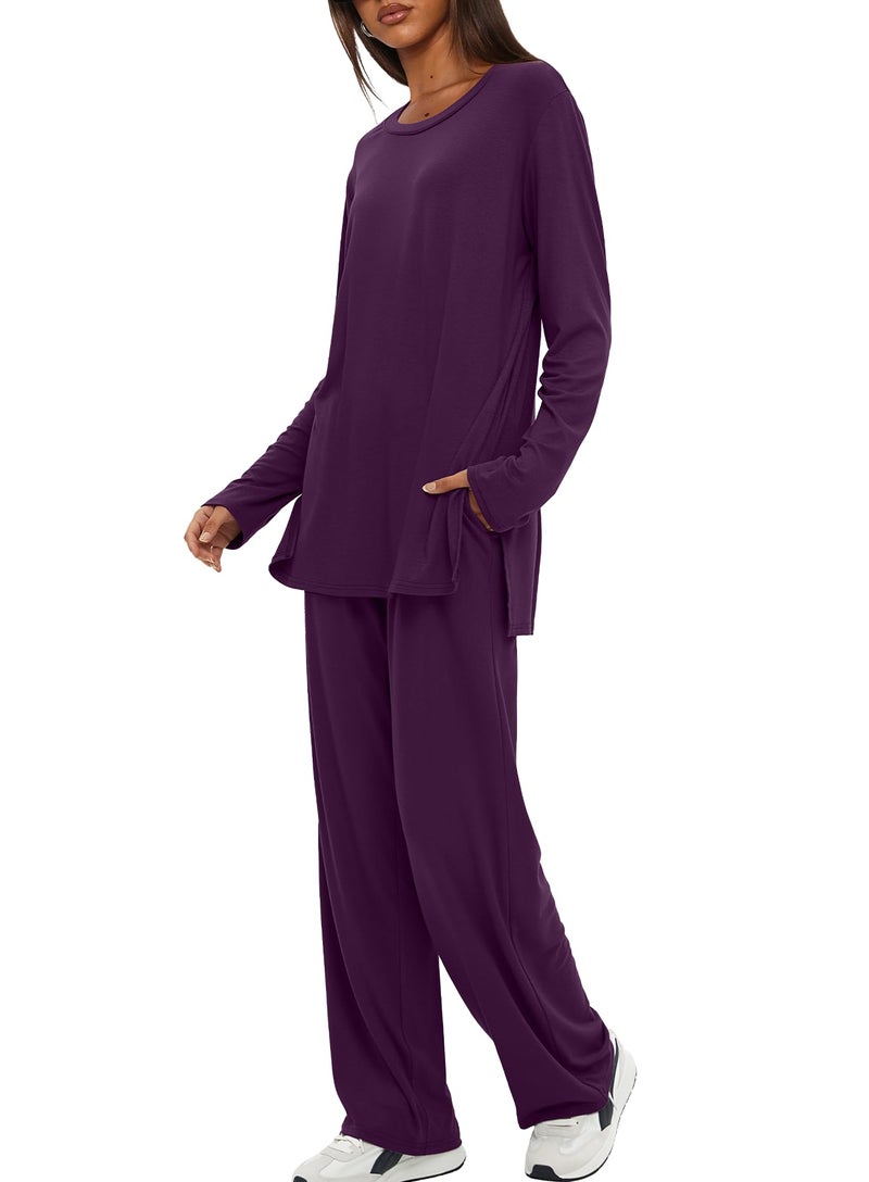 Darong Lounge Sets for Women 2 Piece Drawstring Wide Leg Pants Long Sleeve Tops Casual Outfits Matching Set 9088A Dark Purple XL - Image 3