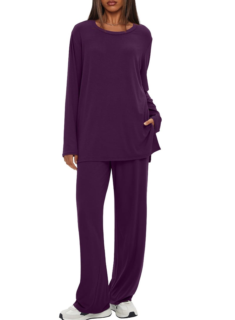 Darong Lounge Sets for Women 2 Piece Drawstring Wide Leg Pants Long Sleeve Tops Casual Outfits Matching Set 9088A Dark Purple XL - Image 1