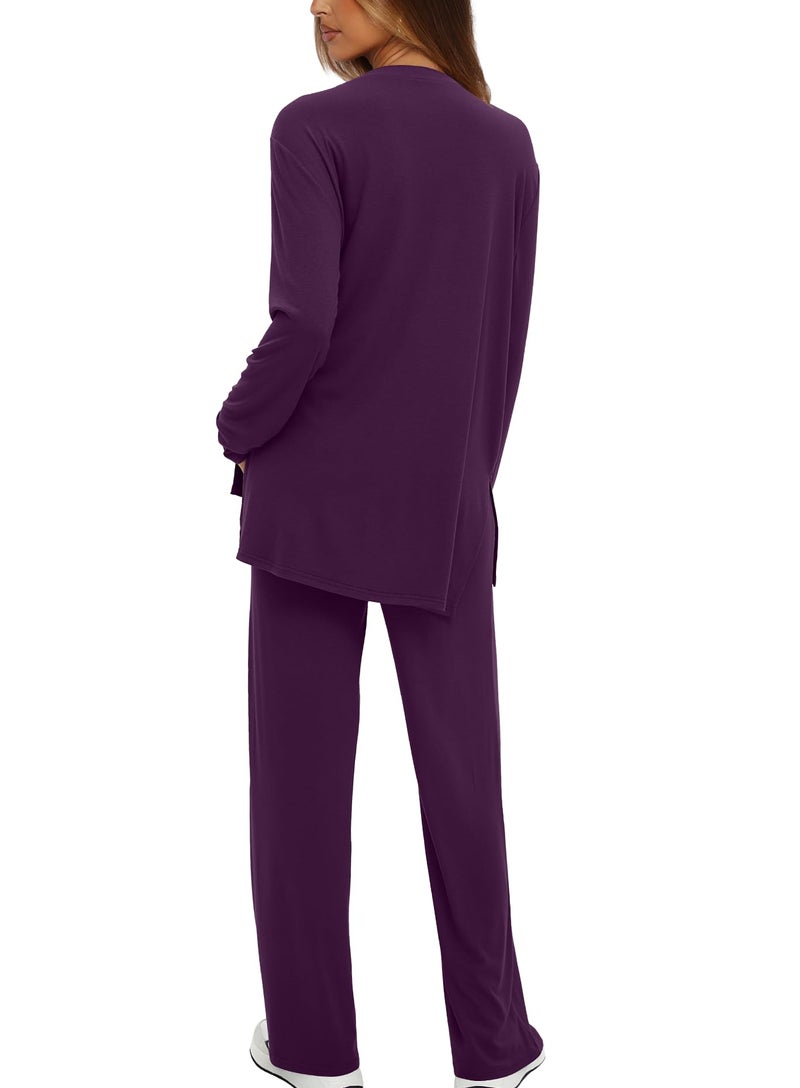 Darong Lounge Sets for Women 2 Piece Drawstring Wide Leg Pants Long Sleeve Tops Casual Outfits Matching Set 9088A Dark Purple XL - Image 2