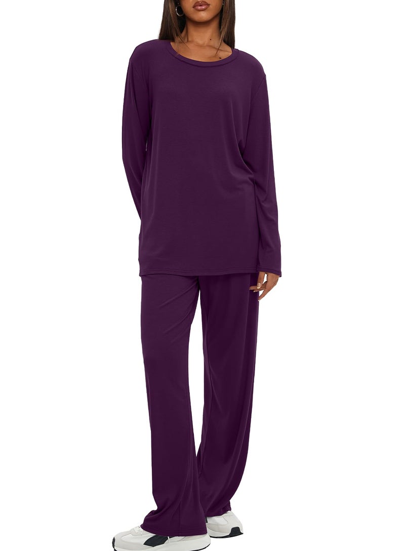 Darong Lounge Sets for Women 2 Piece Drawstring Wide Leg Pants Long Sleeve Tops Casual Outfits Matching Set 9088A Dark Purple XL - Image 5