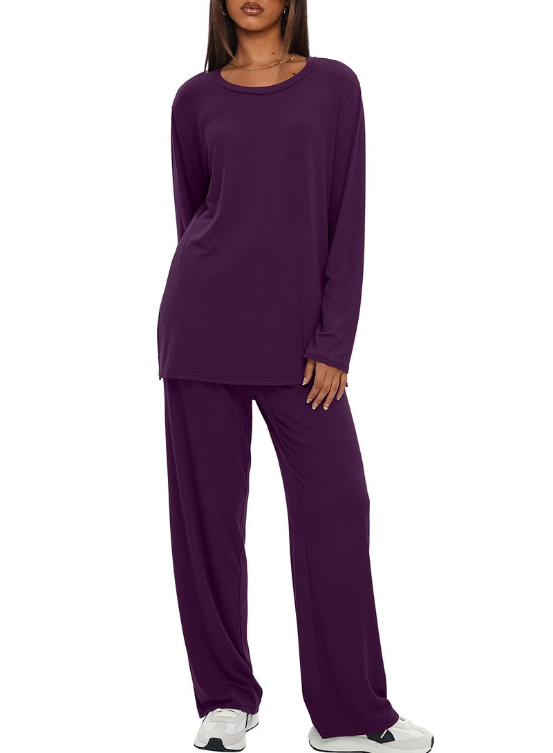 Darong Lounge Sets for Women 2 Piece Drawstring Wide Leg Pants Long Sleeve Tops Casual Outfits Matching Set 9088A Dark Purple XL - Image 4