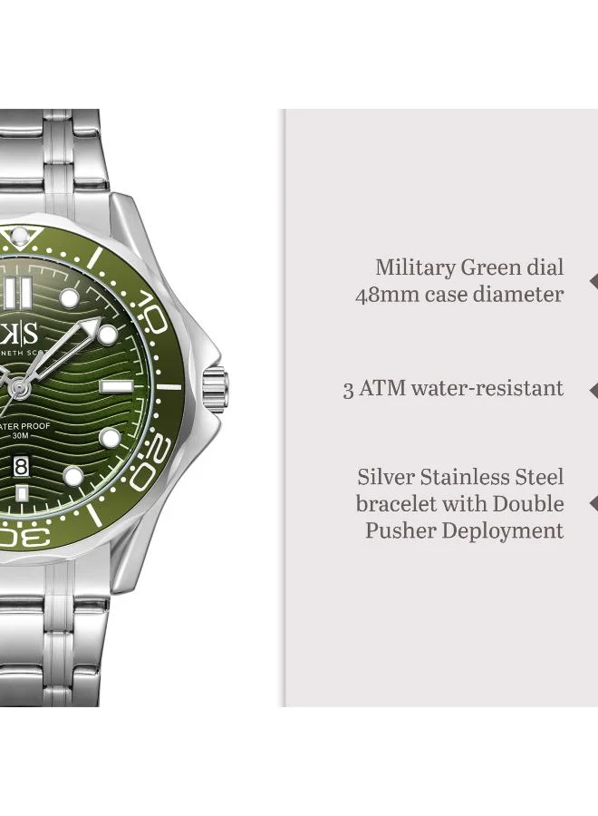 Kenneth Scott Military Green Men's Stainless Steel Analog Watch K22009-SBSH - 48 mm for Men | Best Price UAE