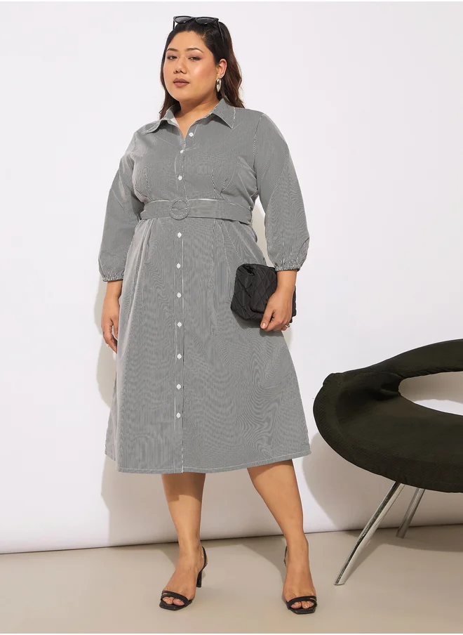 ساسافراس Plus Size Striped Belted Midi Shirt Dress