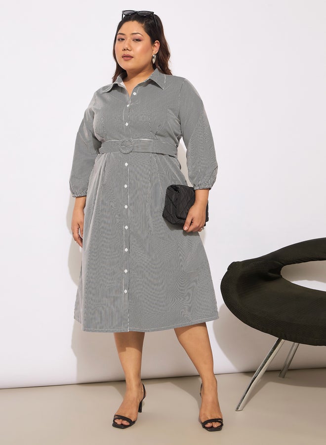 ساسافراس فستان قميص ميدي مخطط بحزام مقاس كبير من ساسافراس - Image 2