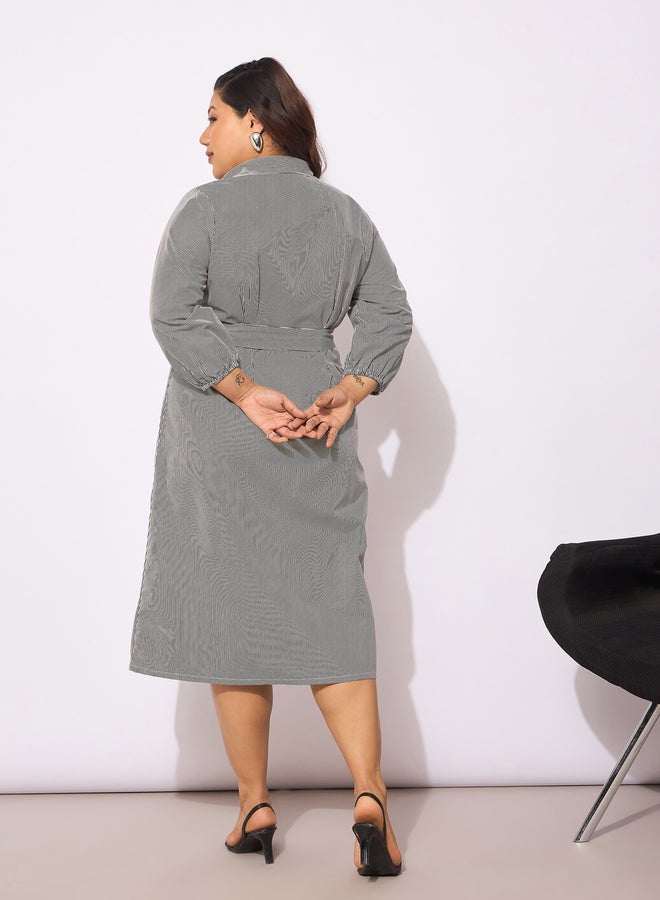 ساسافراس فستان قميص ميدي مخطط بحزام مقاس كبير من ساسافراس - Image 5