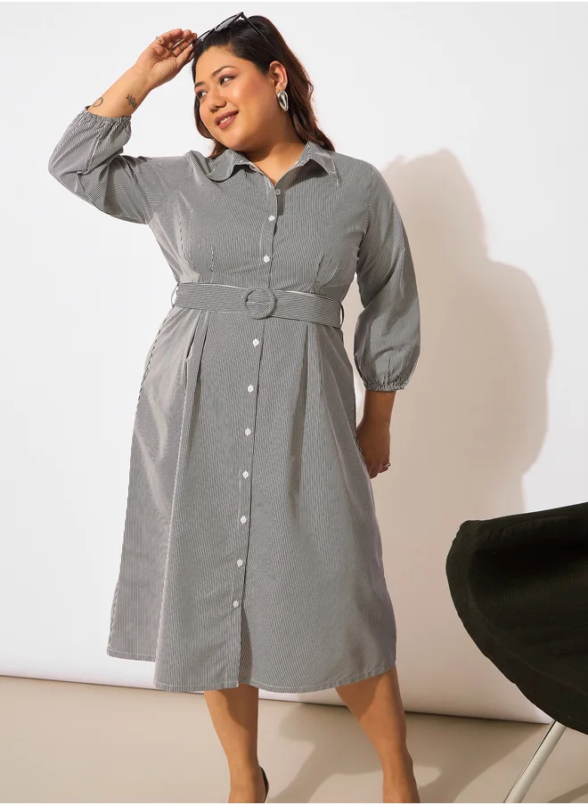ساسافراس Plus Size Striped Belted Midi Shirt Dress