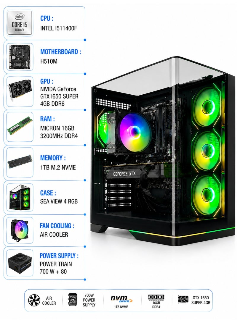 بيسي كمبيوتر العاب تجميعة احترافية – معالج I511400F – بطاقة رسومات نيفيديا جيفورس  GTX1650 SUPER  4GB DDR6 - ذاكرة تخزين 1TB M.2 - ذاكرة عشوائية 16GB 3200 ميجابايت – لوحة الام H510M - مع نظام تشغيل ويندوز 11 برو - Image 2