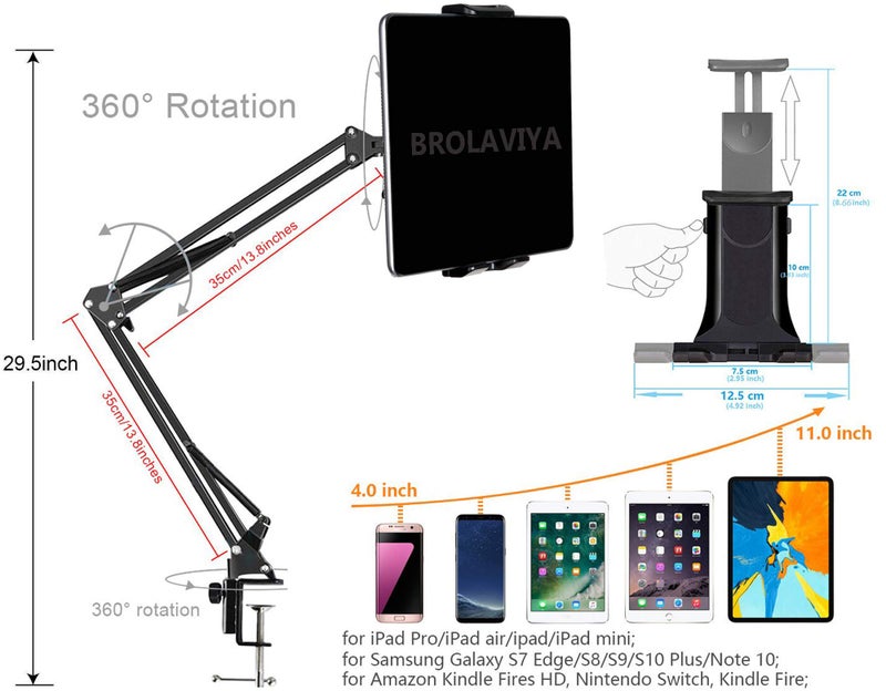 BROLAVIYA Upgraded Flexible Gooseneck Clip Lazy Metal Arm Bracket for Both Mobiles and Tablets Fits Device 4~11 Diagonal inch, Articulating Arm Mount for Home, Office or Desk,Table Mount, Black - Image 5