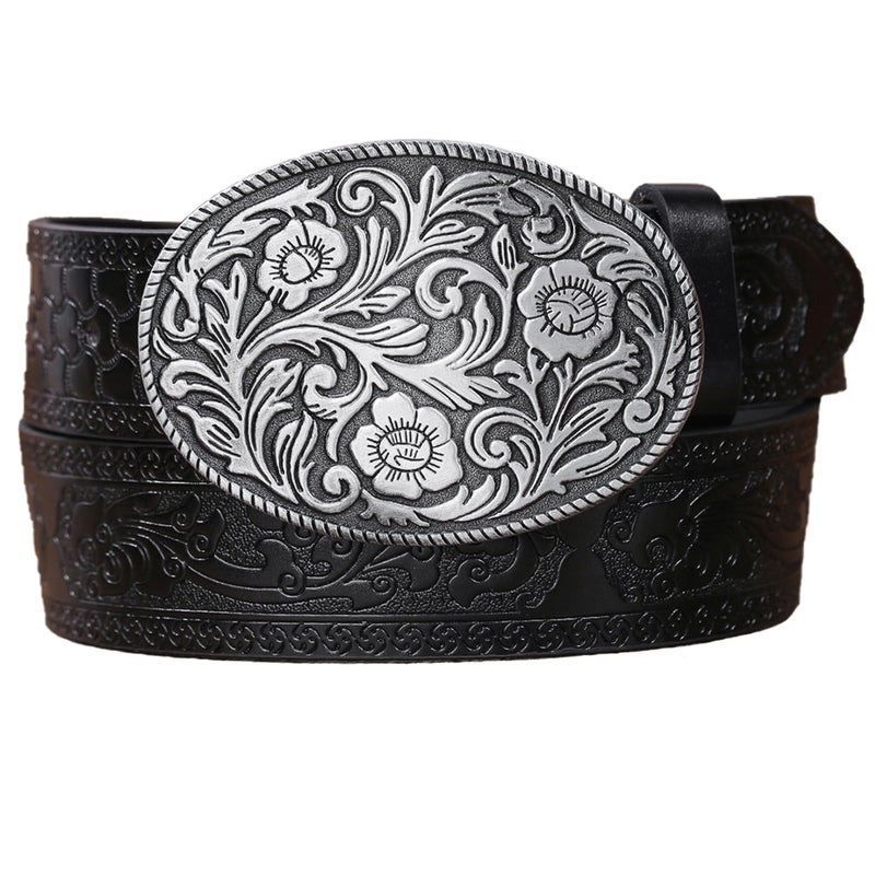 Wojgzon Western PU Leather Cowboy Cowgirl Belt for Men & Women - Vintage Flower Buckle Embossed Leather Belts for Jeans Pants - Image 1