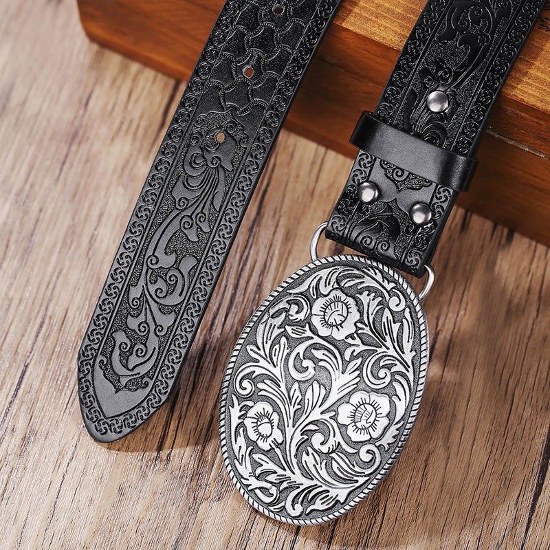 Wojgzon Western PU Leather Cowboy Cowgirl Belt for Men & Women - Vintage Flower Buckle Embossed Leather Belts for Jeans Pants - Image 2