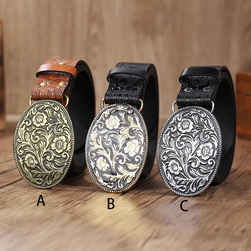 Wojgzon Western PU Leather Cowboy Cowgirl Belt for Men & Women - Vintage Flower Buckle Embossed Leather Belts for Jeans Pants - Image 4