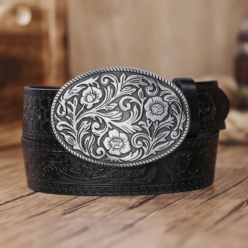 Wojgzon Western PU Leather Cowboy Cowgirl Belt for Men & Women - Vintage Flower Buckle Embossed Leather Belts for Jeans Pants - Image 5