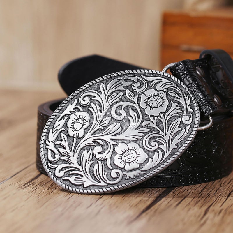 Wojgzon Western PU Leather Cowboy Cowgirl Belt for Men & Women - Vintage Flower Buckle Embossed Leather Belts for Jeans Pants - Image 3