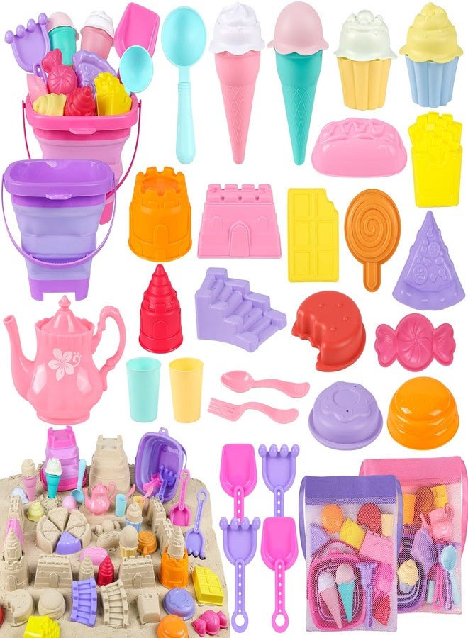 REZUCREY Collapsible Beach Toys for Toddlers, Sand Bucket and Shovels Set, Ice Cream Tea Set Travel Sand Toys for Beach & Mesh Bag, Castle Essentials Toy for Toddlers Kids Boys Girls Age 3-10 - Image 1