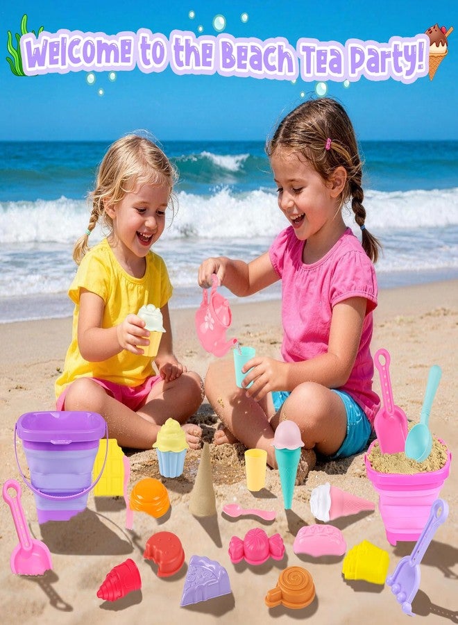 REZUCREY Collapsible Beach Toys for Toddlers, Sand Bucket and Shovels Set, Ice Cream Tea Set Travel Sand Toys for Beach & Mesh Bag, Castle Essentials Toy for Toddlers Kids Boys Girls Age 3-10 - Image 5