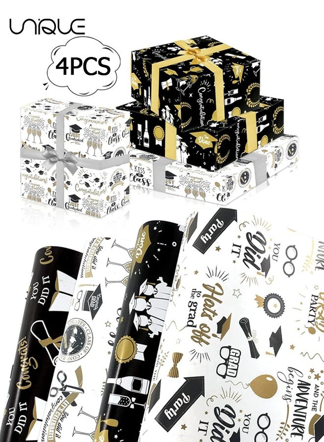 يونيك ورق تغليف هدايا التخرج 4 قطع - 4 تصاميم مختلفة - أسود وأبيض وذهبي - ورق تغليف هدايا التخرج - 50*70 سم - مناسب لتزيين حفلة التخرج وتغليف الهدايا - للأشغال اليدوية وتغليف الهدايا - Image 1