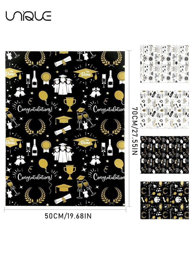 يونيك ورق تغليف هدايا التخرج 4 قطع - 4 تصاميم مختلفة - أسود وأبيض وذهبي - ورق تغليف هدايا التخرج - 50*70 سم - مناسب لتزيين حفلة التخرج وتغليف الهدايا - للأشغال اليدوية وتغليف الهدايا - Image 2