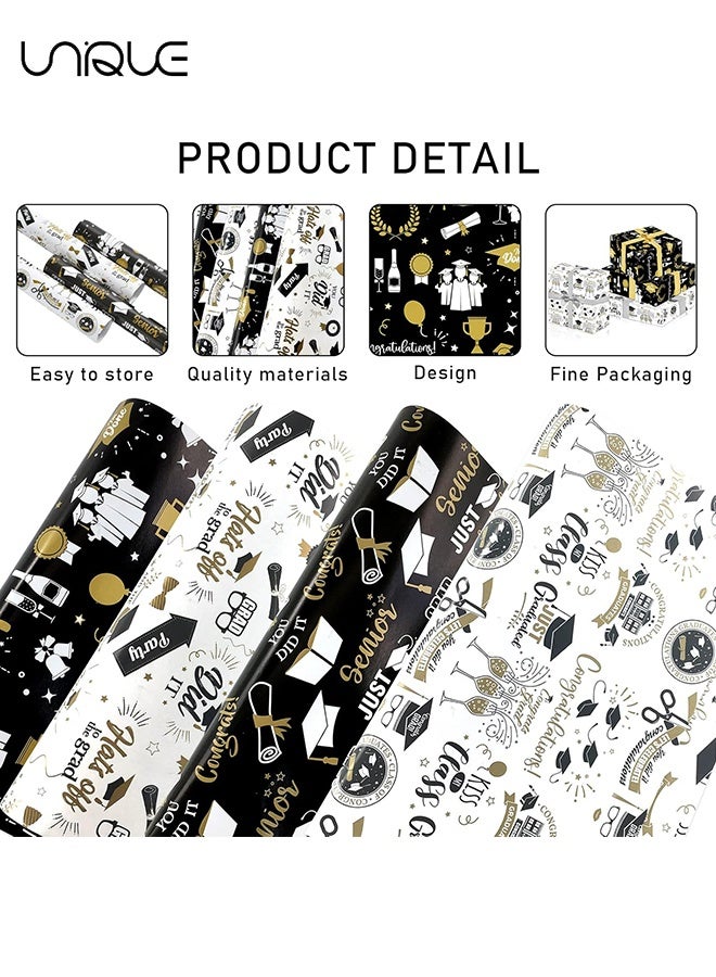 يونيك ورق تغليف هدايا التخرج 4 قطع - 4 تصاميم مختلفة - أسود وأبيض وذهبي - ورق تغليف هدايا التخرج - 50*70 سم - مناسب لتزيين حفلة التخرج وتغليف الهدايا - للأشغال اليدوية وتغليف الهدايا - Image 3