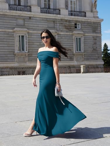 LAGSHIAN Women's Elegant Bodycon Off Shoulder Sleeveless High Split Ruched Long Formal Evening Dress Peacock Blue - Image 5