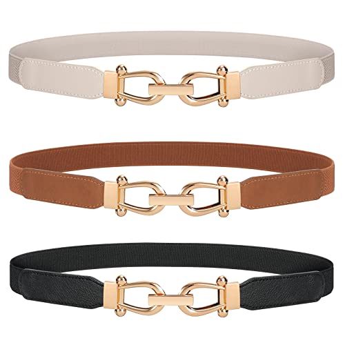 JASGOOD 3 Pack Women Stretchy Waist Belt Retro Elastic Skinny Belt for Ladies with Gold Buckle - Image 1