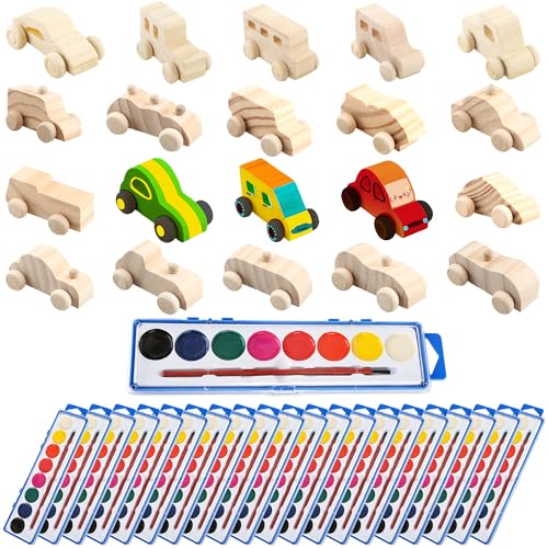 Feradny 40 Pcs Unfinished Wooden Cars Include 20 Wood DIY Car Toys Wood Car Crafts Painting with 20 Watercolor Paint for Valentines Day School Family Arts Crafts Party Favors - Image 1