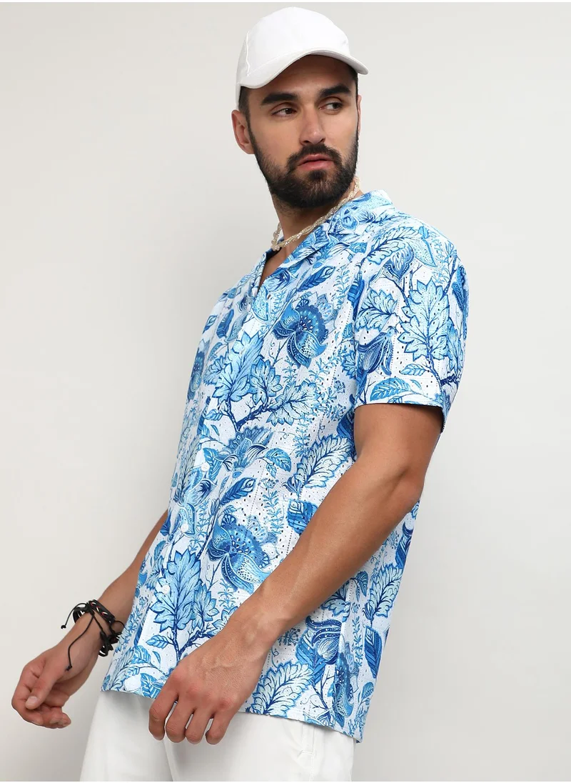 Campus Sutra Men's Chalk White:Indigo Blue Mesh Foliage Shirt