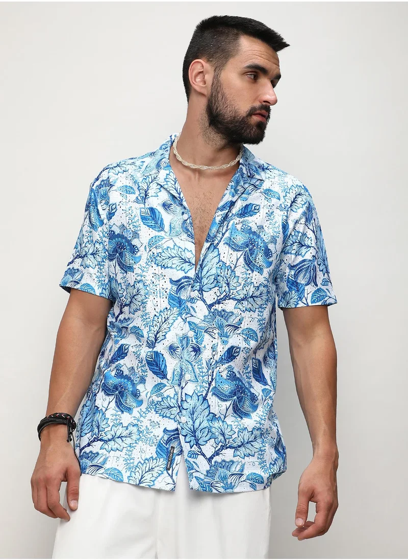 Campus Sutra Men's Chalk White:Indigo Blue Mesh Foliage Shirt