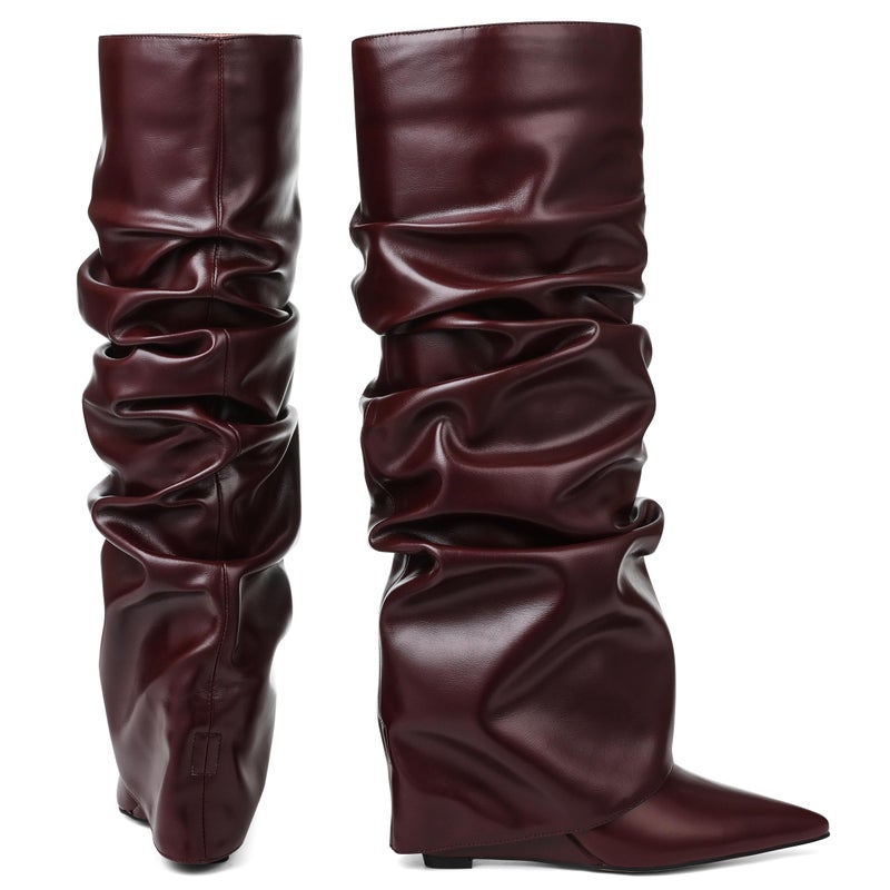 Oiamenne Women's Fold Over Boots Slouched Ruched Knee High Boots for Women Wedge Heel Pointed Toe Tall Boot Wide Calf Pull-on Casual Boots Size 8 - Image 5