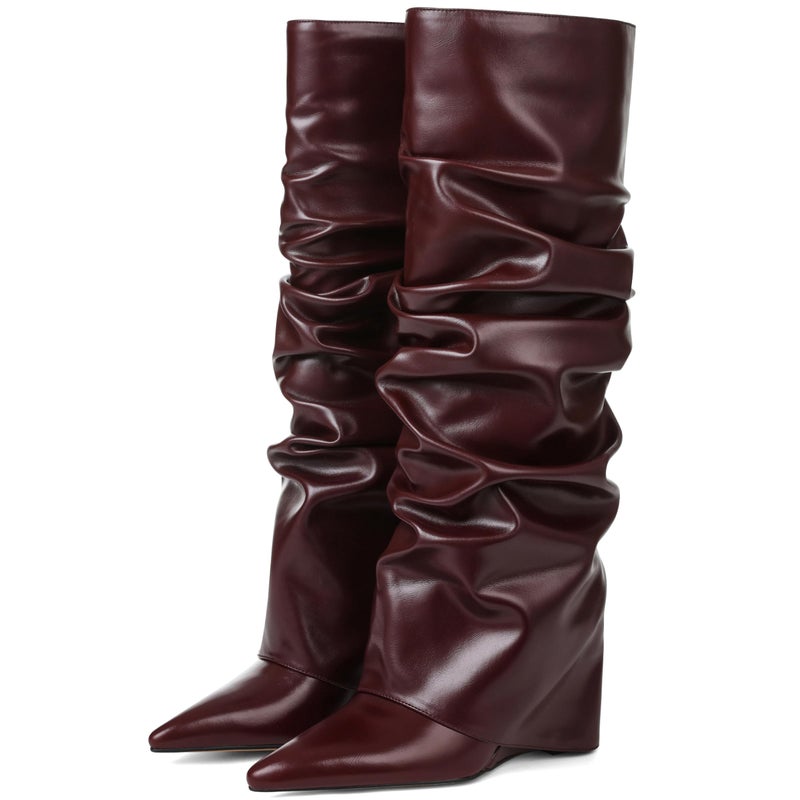 Oiamenne Women's Fold Over Boots Slouched Ruched Knee High Boots for Women Wedge Heel Pointed Toe Tall Boot Wide Calf Pull-on Casual Boots Size 8 - Image 1
