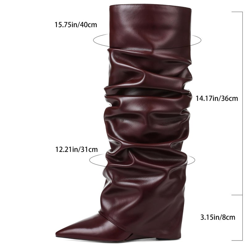Oiamenne Women's Fold Over Boots Slouched Ruched Knee High Boots for Women Wedge Heel Pointed Toe Tall Boot Wide Calf Pull-on Casual Boots Size 8 - Image 4