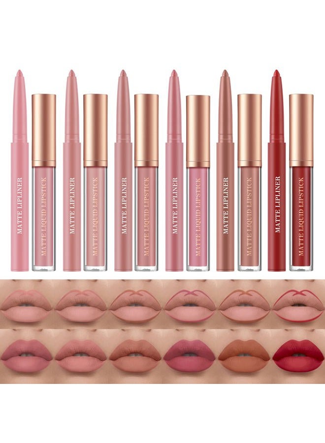 Bestland 12Pcs Matte Liquid Lipstick + Lip Liner Pens Set, One Step Lips Makeup Sets Pigment Velvety Nude Lip Stain Waterproof Long Wear Lip Gloss Make up Gift Set (Set C) - Image 1