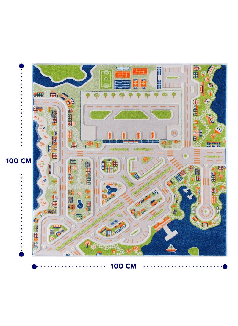 IVI - 3D Play Carpet Mini City - Small | Blue | Activity Playmat for Kids & Children | Bedroom, Living Room, Nursery Rug | Polypropylene | Foldable | 100 cm x 100 cm - Image 1