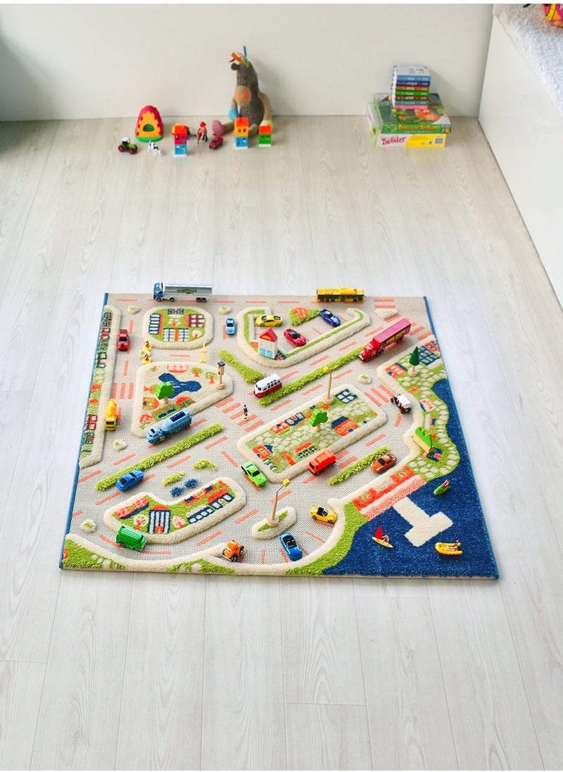 IVI - 3D Play Carpet Mini City - Small | Blue | Activity Playmat for Kids & Children | Bedroom, Living Room, Nursery Rug | Polypropylene | Foldable | 100 cm x 100 cm - Image 1