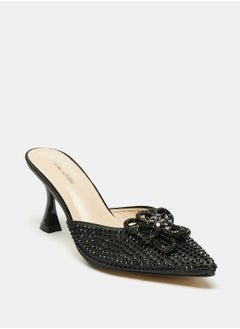 Embellished Slip On Mules Sandals with Flared Stiletto Heels