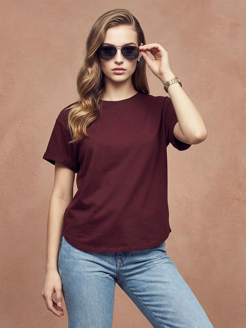 JUNEBERRY® Pure 100% Cotton Oversized Fit Round Neck Half Sleeves Boyfriend T-Shirt for Women & Girls (JTS0324PL40_XXL) Maroon - Image 4