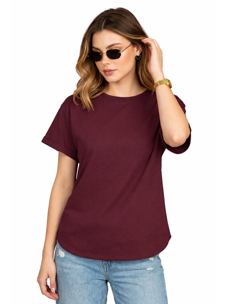 JUNEBERRY® Pure 100% Cotton Oversized Fit Round Neck Half Sleeves Boyfriend T-Shirt for Women & Girls (JTS0324PL40_XXL) Maroon - Image 1
