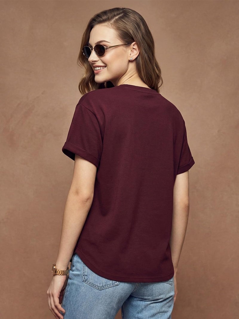 JUNEBERRY® Pure 100% Cotton Oversized Fit Round Neck Half Sleeves Boyfriend T-Shirt for Women & Girls (JTS0324PL40_XXL) Maroon - Image 2