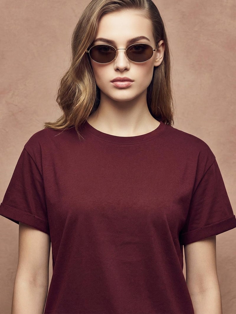 JUNEBERRY® Pure 100% Cotton Oversized Fit Round Neck Half Sleeves Boyfriend T-Shirt for Women & Girls (JTS0324PL40_XXL) Maroon - Image 5