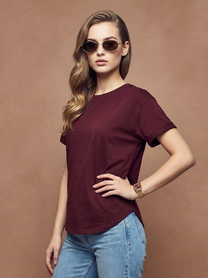 JUNEBERRY® Pure 100% Cotton Oversized Fit Round Neck Half Sleeves Boyfriend T-Shirt for Women & Girls (JTS0324PL40_XXL) Maroon - Image 3